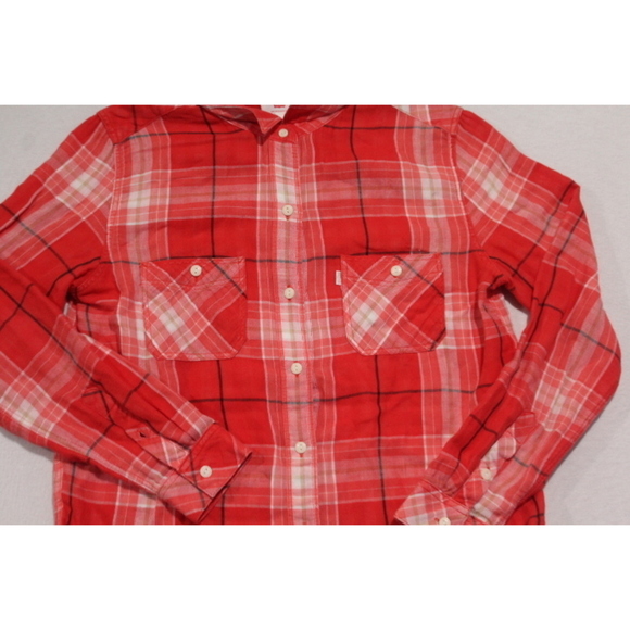 Levi's Women Orange Plaid Boyfriend Fit Pearl Snap Size Small - Picture 3 of 8